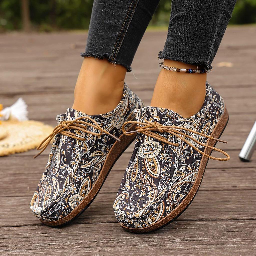 Big-size Ethnic Style Casual Shoes for Women, Colorful Lace-up Graffiti Low-top Canvas Shoes