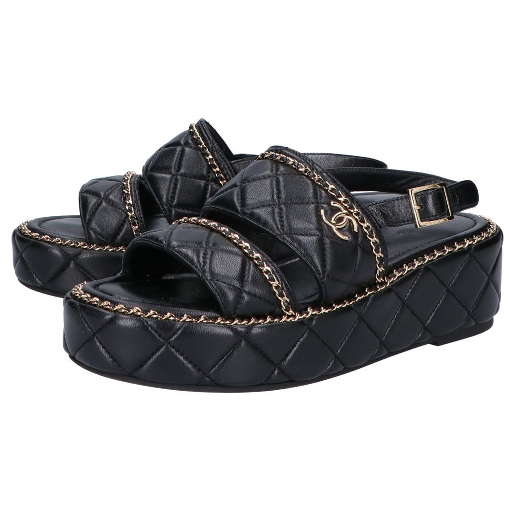 Chanel G46613 CC Logos Matelassé/Kette Plateau Sandalen Schuhe 37 1/2C Schwarz / goldGebraucht