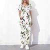Women Plus Size White Floral Printed Scrub Set Cutout Neck Short Sleeve Pocket Top Long Pants Two Piece