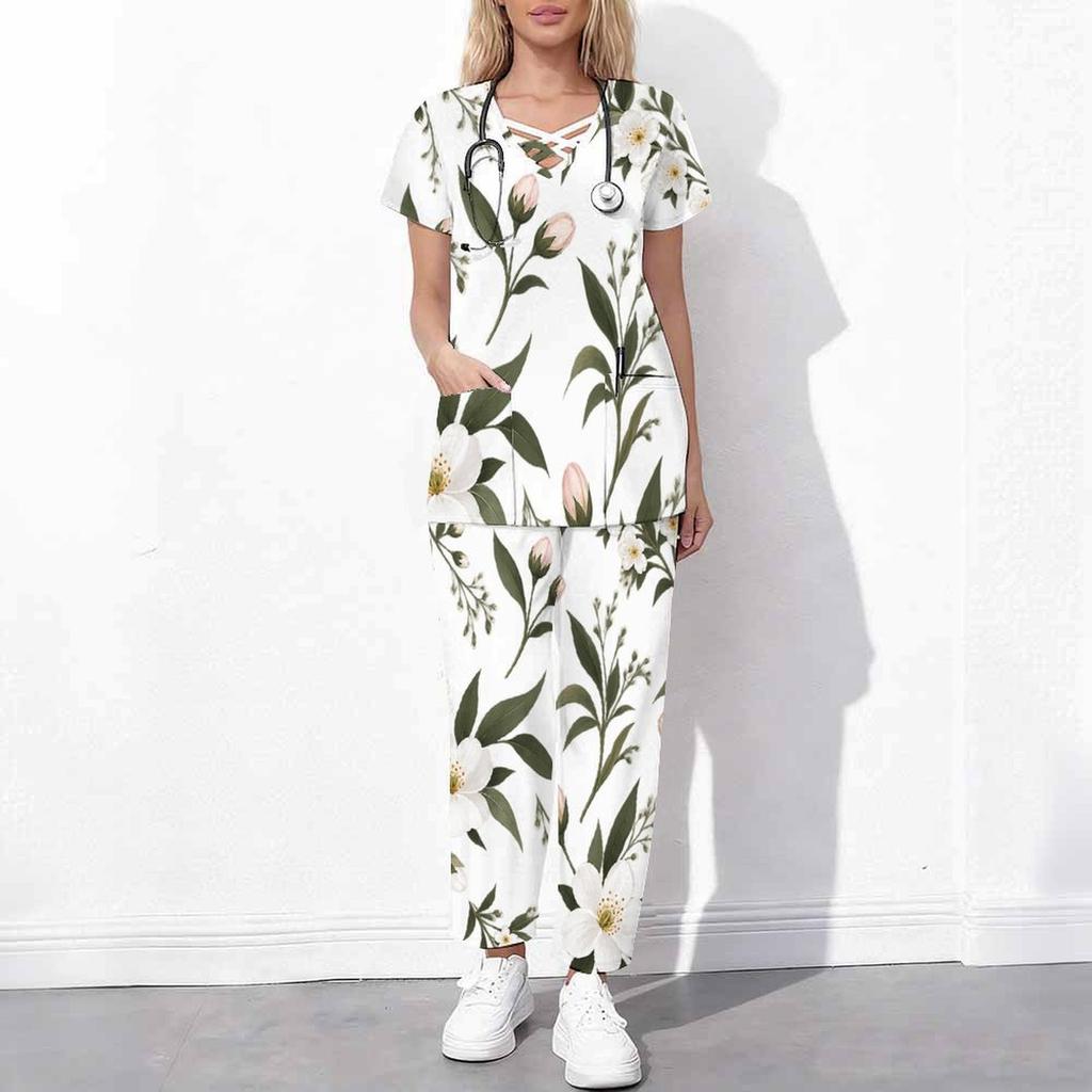 Women Plus Size White Floral Printed Scrub Set Cutout Neck Short Sleeve Pocket Top Long Pants Two Piece