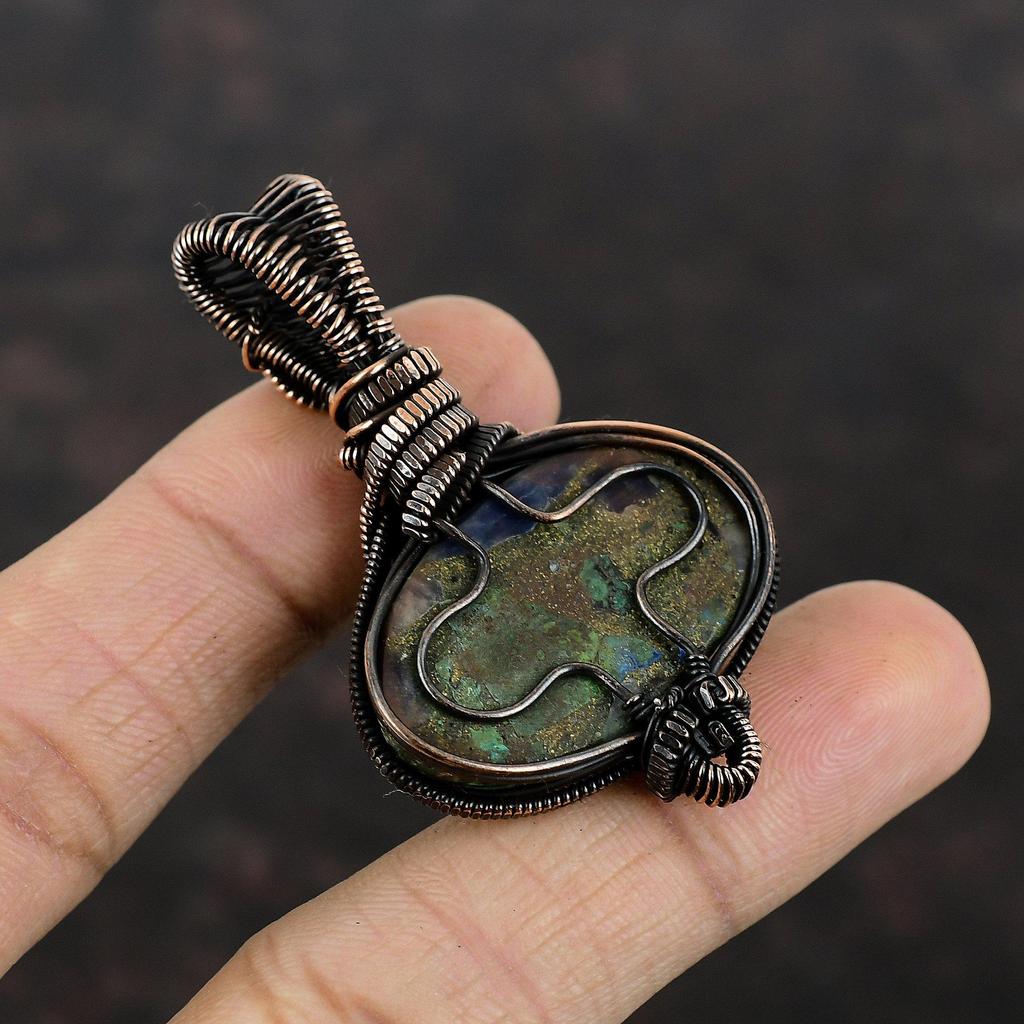 Copper Azurite Malachite Pendant Rainbow Moonstone Pendant Copper Wire Wrapped Pendant Gemstone Jewelry Gift For Her Handmade Copper Jewelry