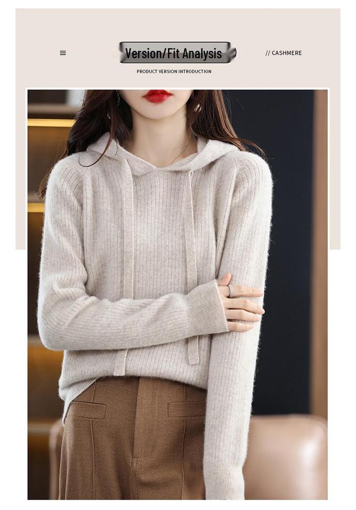 Women's 100% Cashmere Wool Hooded Sweater: Cozy Autumn/Winter Knitwear with Large Hood, Plus Size Options Available.