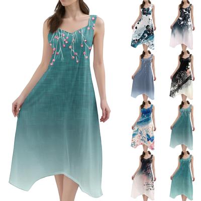 Women's Casual Fashion Round Neck Sleeveless Print Irregular Hem Midi Dress