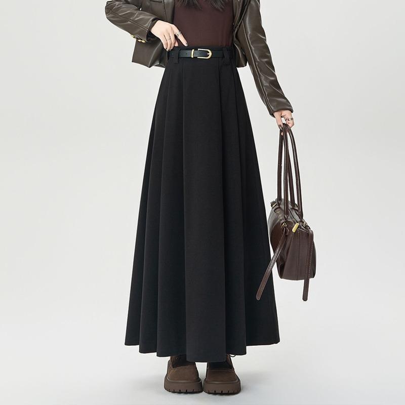 Winter Autumn High Waist Wool Pleated Skirt Women A Line Midi Skirt Solid Color Flared Skirt Slimming Long Skirt