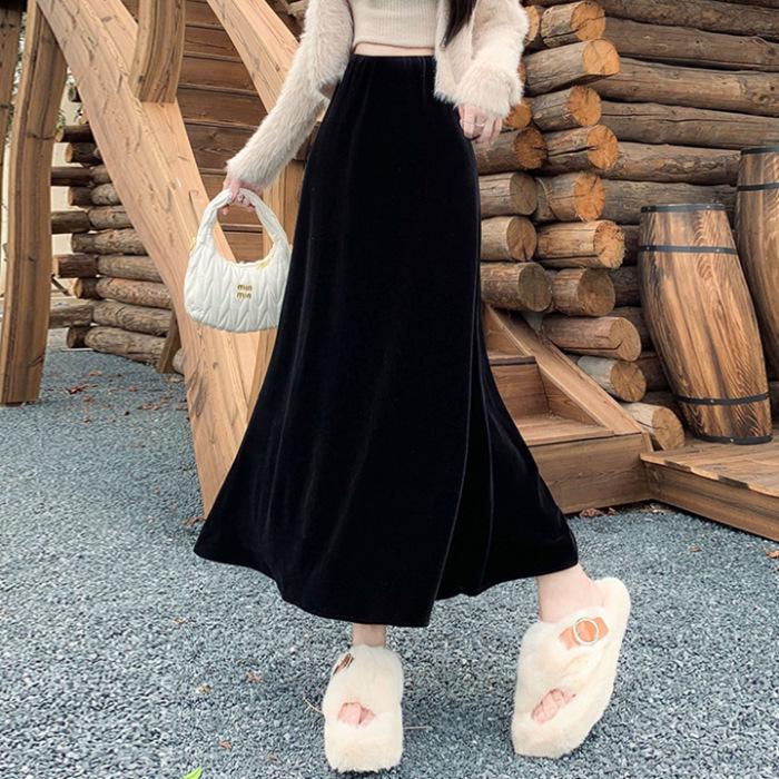 Elegant Women s Black Velvet Mermaid A-Line Long Skirt with High Waist for All Seasons S (Recommended for below 47.5 kg) чёрный