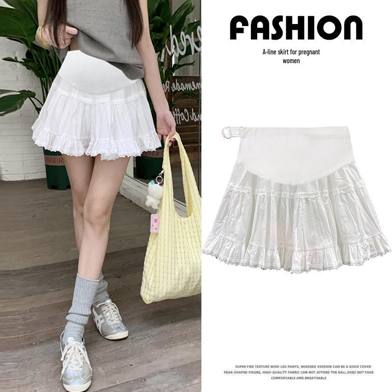 Maternity High Waist Lace Layered A-line Skirt with Tummy Support Medium