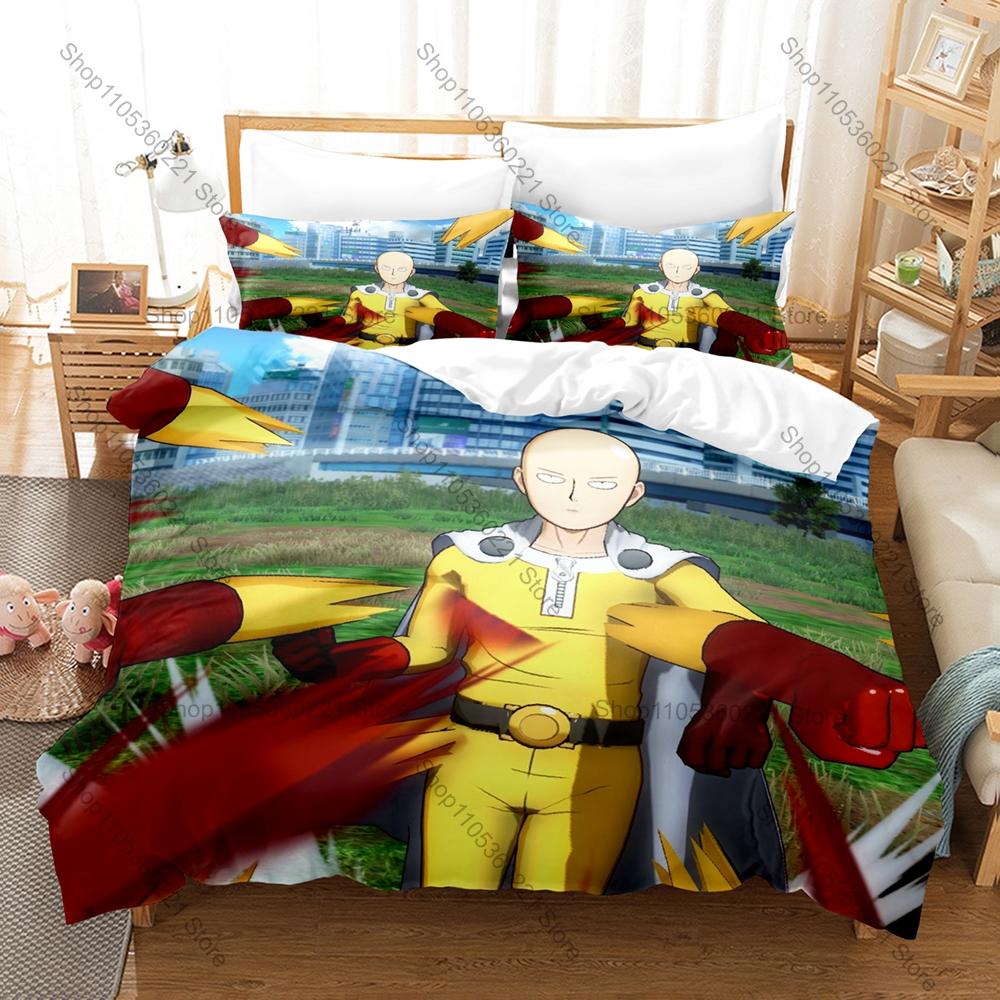 Conjunto de Roupa de Cama Anime One Punch Man Legal, Capa de Edredom + 2 Fronhas com Estampa de Personagem Herói para Uso em Casa e Dormitório