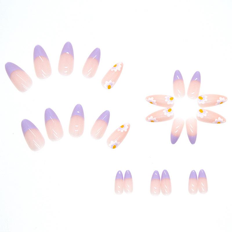 Artificial Nails Wear Manicure Taro Purple Colorful Flower Drop Shape Long and White Manicure