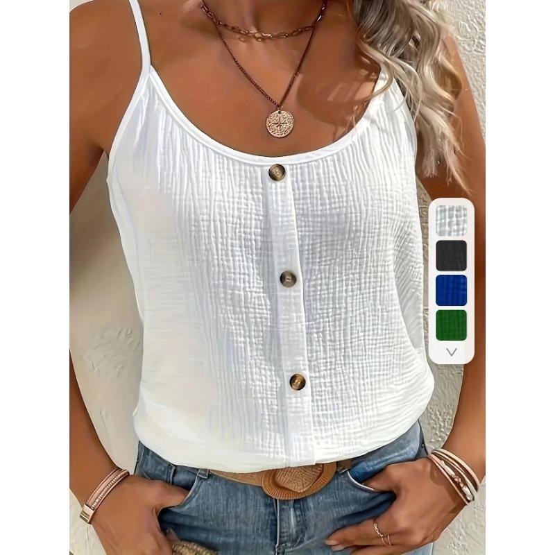 Women Solid Ribbed U Neck Fake Button Front Spaghetti Strap Loose Casual Cami Tank Top S белый