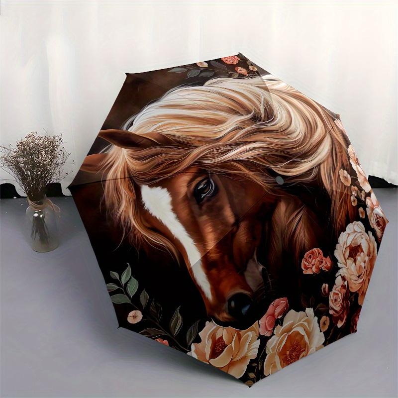 Horse Floral Theme 8 Bone Hand Automatic Folding Umbrella, Compact and Portable Design, A Perfect Gift for Birthday, Christmas or Business U