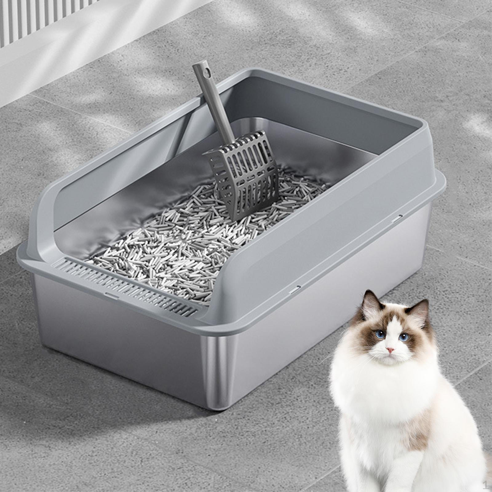 

Cat Litter Pan Splashproof Top Entry Sandbox Bedpan for Small And Large Cats Low Light Grey and M
