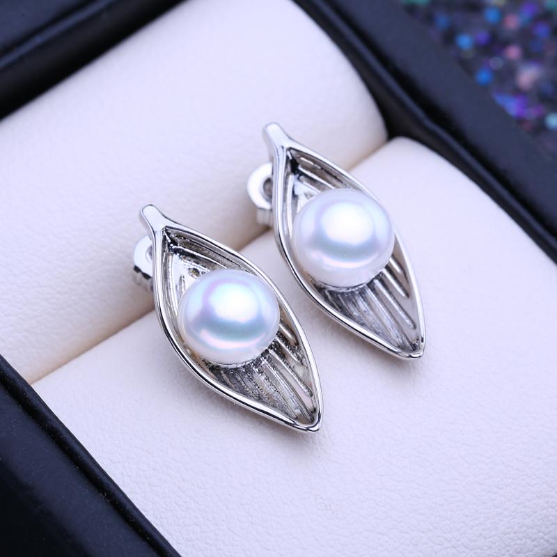 LSOOYH Natural Freshwater Cultured Pearl Earrings Silver Color Leaf Stud Earrings Fashion Gifts For Women Wholesale