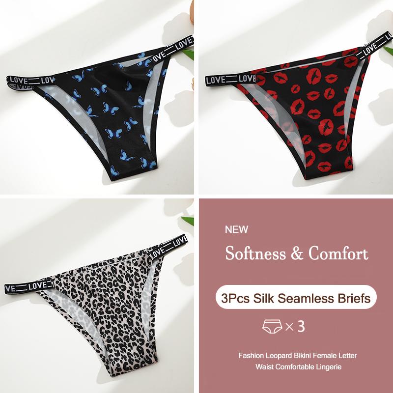 3Pcs Silk Seamless Women's Panties Sexy Flower Butterfly Briefs Fashion Leopard Bikini Female Letter Waist Comfortable Lingerie