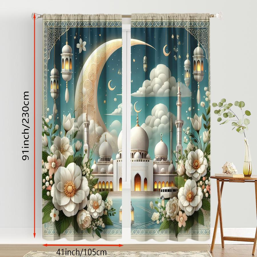 Set Of 2 Blues Islamic Temple Flower Curtains Dreamy Soft Style Bedroom Living Room Drawbar Pocket Decorative Made Polyester Window Treatment