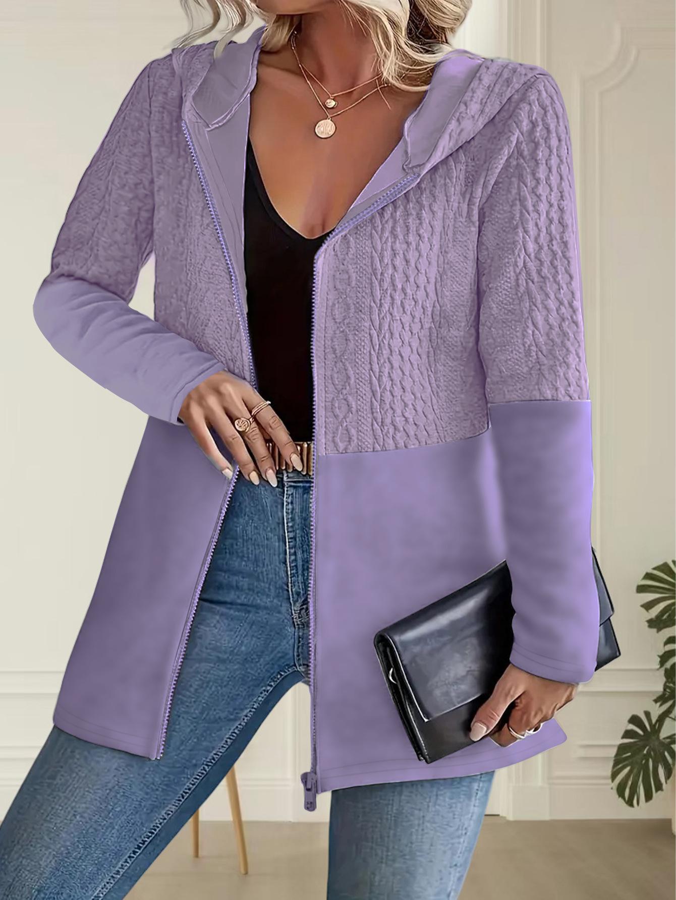 

2026 Women s Autumn and Winter Solid Color Corrugated Pocket Stitching Casual Loose Women s Hooded Jacket 5XL фіолетовий