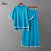 New Fashion Sweater Set Temperament Contrast Color Split Short-sleeved Knitwear + High Waist Slimming Wide-leg Trousers Long Pants Two-piece Set