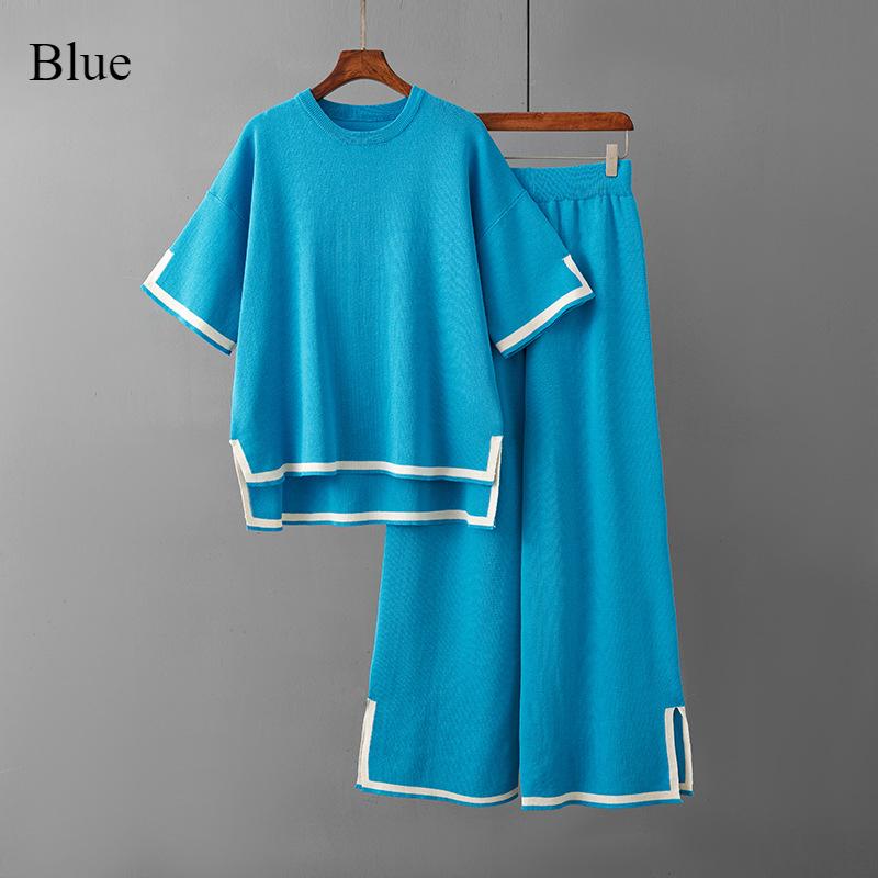 New Fashion Sweater Set Temperament Contrast Color Split Short-sleeved Knitwear + High Waist Slimming Wide-leg Trousers Long Pants Two-piece Set