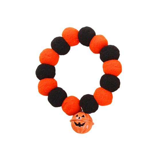 Small Dog Collar for Halloween Pom-Pom Pet Collar, Cute Stretch Cat with Pumpkin Stretchy Bell, Soft Black Orange Pom-Poms Cats Dogs