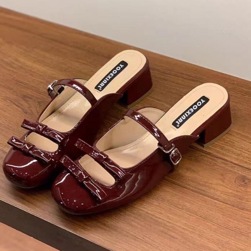 

Женские модные шлепанцы баотоу, весенние новинки, с круглым носком и мелким вырезом, с бантом-бабочкой, противоскользящие, износостойкие, сандалии на низком каблуке 40 вино красного