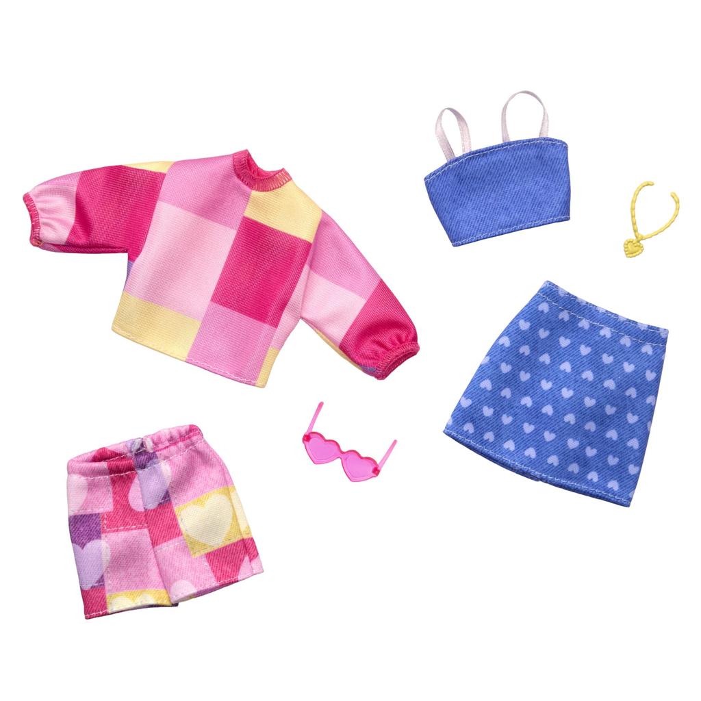Barbie Fashion Checkered and Blue Doll Doll Clothes Accessories Ages HRH42 2-Pack Set, Dress-Up House, & Set, 3+, Pink,
