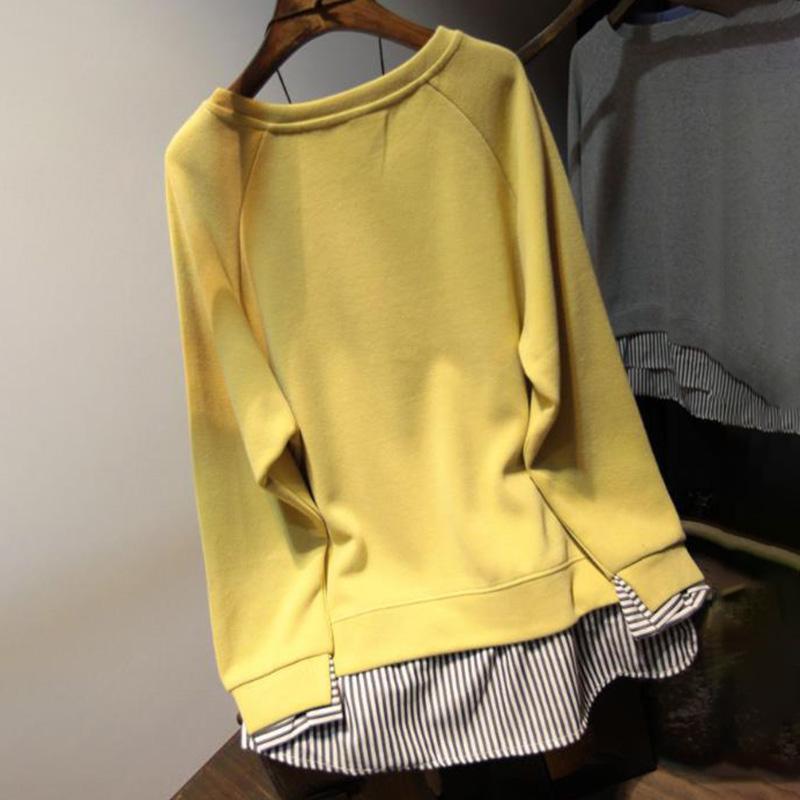 Lockeres Sweatshirt für Damen, Herbst, Fake-Zweiteiler, gestreift, Hunderte von mittellangen, lässigen Rundhals-Tops