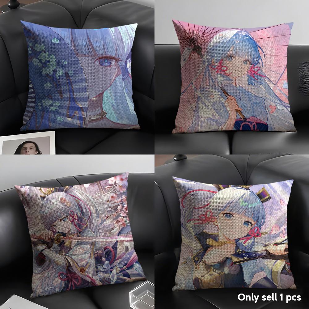 Kamizato Ayaka Genshin Impact Cushion Cover Natural Linen Organic Fabric Double-Sided Printing Sofa Home Decor Gift Pillow Case