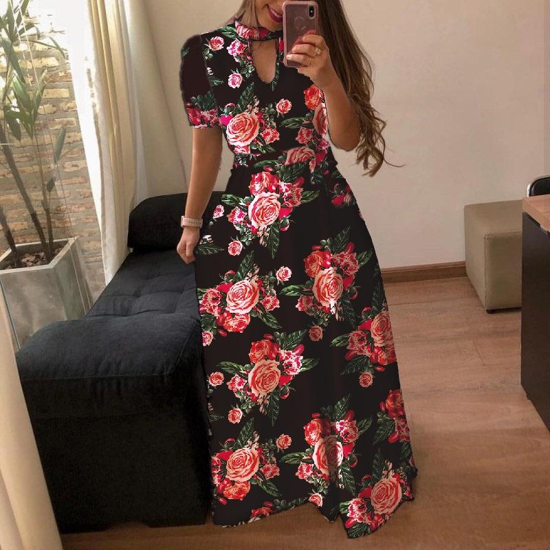 Women's Fashion Summer Spring Solid Color Print Short Sleeve O-Neck High Waist Casual Dresses