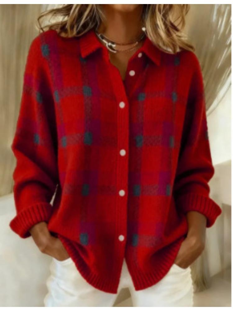 Blue and Orange Checkered Cardigan with Button Front and Ribbed Hem