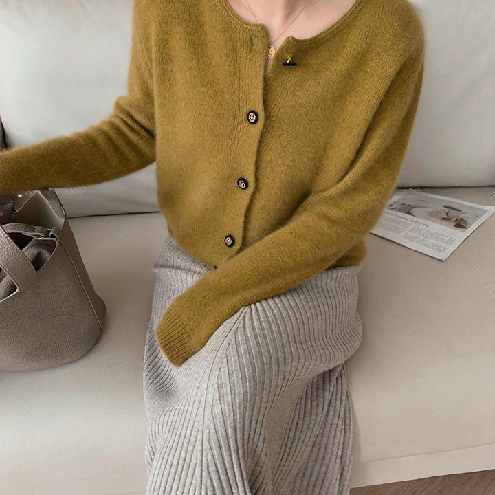Women's Soft Style Solid Color Knit Cardigan Whitening Loose Lazy Top Hong Kong Retro Button Sweater Jacket