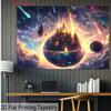 Epic Cosmic Castle Tapestry, Glowing Medieval Palace on a Planet in Vibrant Starry Nebula, Dreamy Fantasy Wall Art