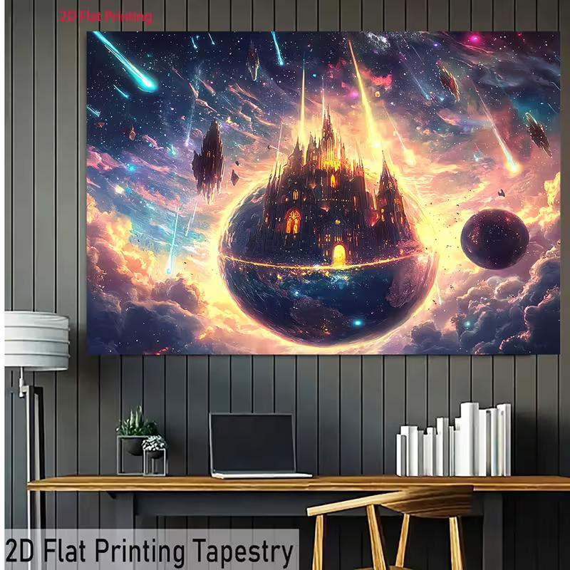 Epic Cosmic Castle Tapestry, Glowing Medieval Palace on a Planet in Vibrant Starry Nebula, Dreamy Fantasy Wall Art