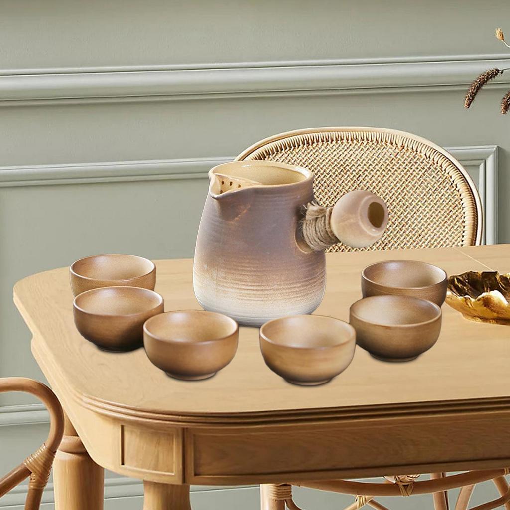 Ceramic Teapot and 6 Cups Tea Maker Chinese Traditional with Rope Wrapped Handle Infuser
