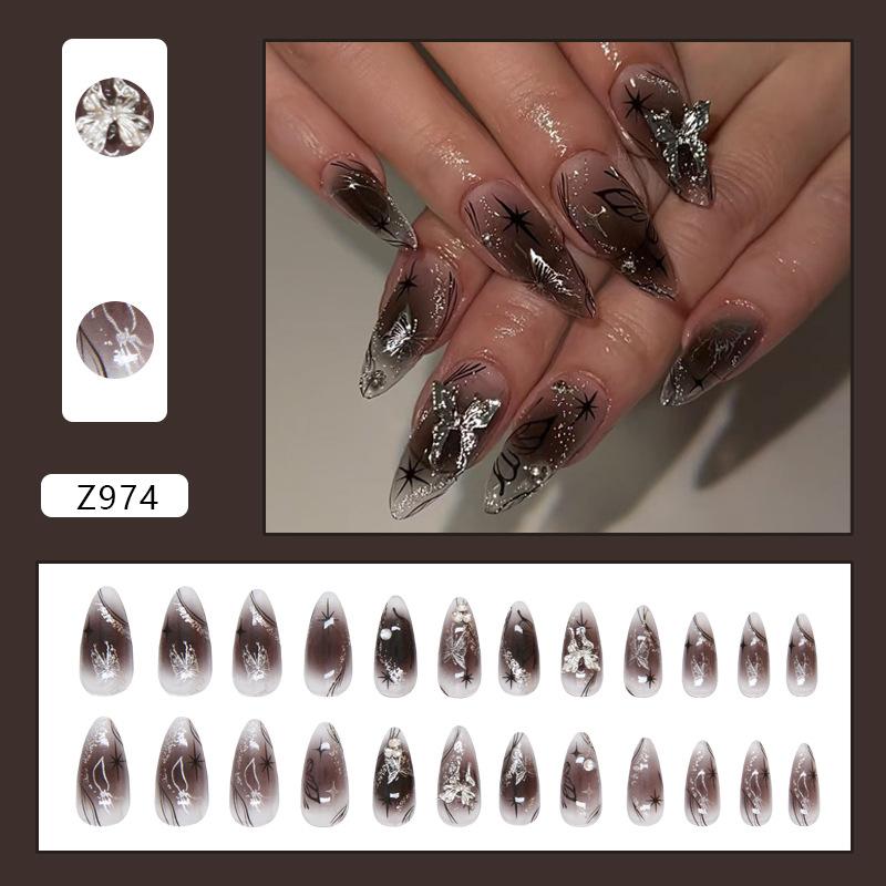 

Накладные ногти с эффектом блеска, накладные ногти с темными пятнами, съемные накладные ногти в форме бабочки, ромб, 24 шт.