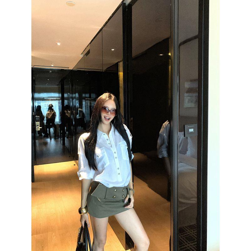 

Kumikumi Old Qian Style Set Metal Buckle Long sleeve Shirts Women Autumn High Waist Slimming Half Body Two piece skirt Army green overskirt L