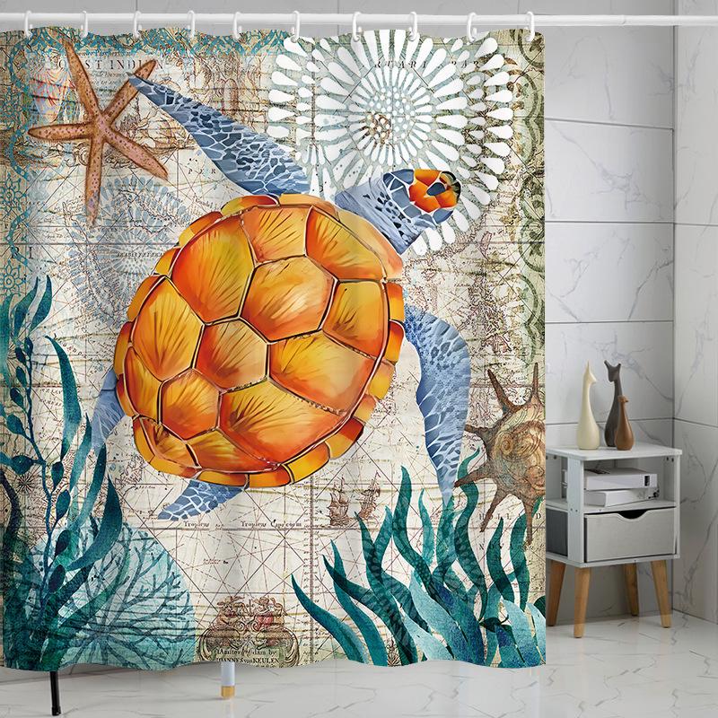 Coastal Marine Shower Curtain: Dolphin, Starfish, Seahorse, Seashell, Sea Turtle - Moisture-Proof, Mildew-Resistant, Waterproof, Beach Bathroom Décor
