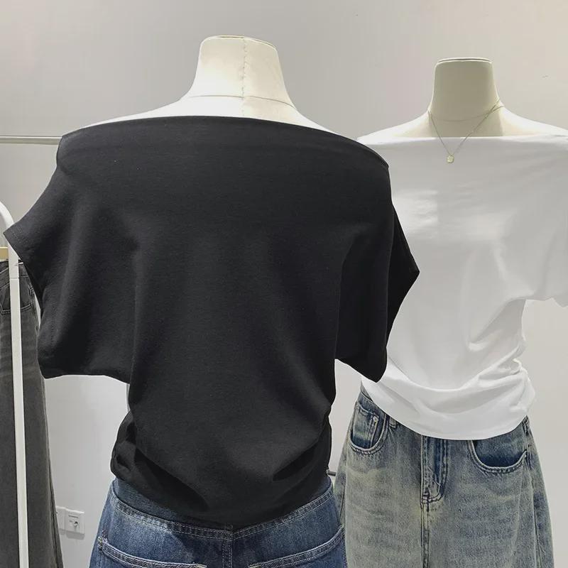 2024 Damen Sommer One-Shoulder Kurzarm Taillenbetonte Plissee-T-Shirts