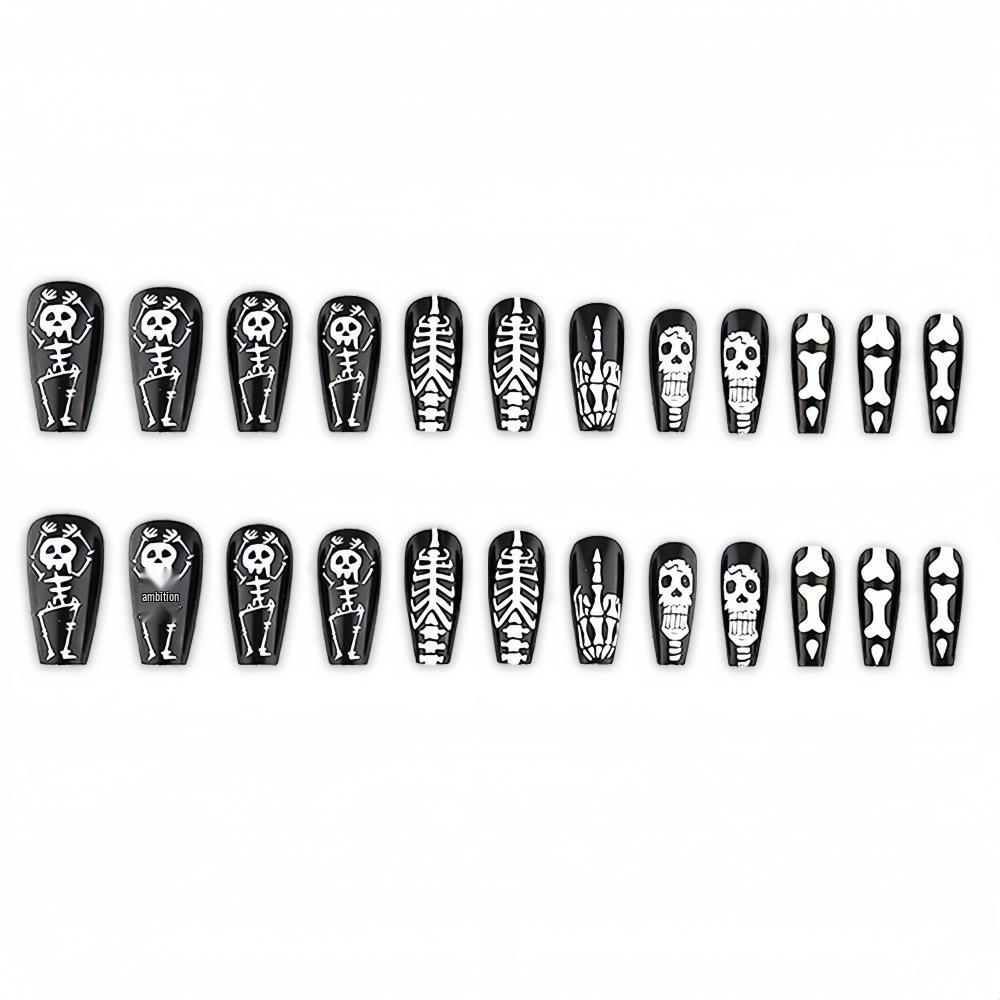 Black & White Hand-Painted Skull Bones Wearable Armor Long Ballet False Nails