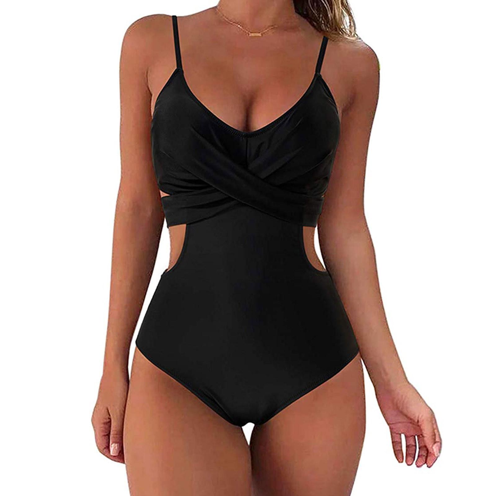 

Женский сексуальный купальник бикини, цельный однотонный купальник, пляжная одежда для плавания XXL чёрный