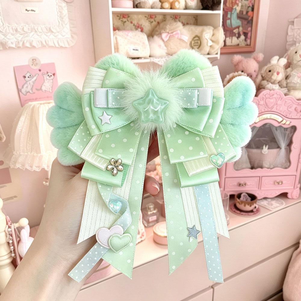 Cute Plush Heart Wings Bow Brooch Badge Handmade Pastel Ribbon Pin With Star Heart Charm Ita Bag Decor Light Sticks Accessories