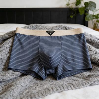 Men Boxer Underwear Mid-rise Elastic Waistband U-Convex Shorts Briefs Striped Print Underwear Daily Wear Sleepwear
