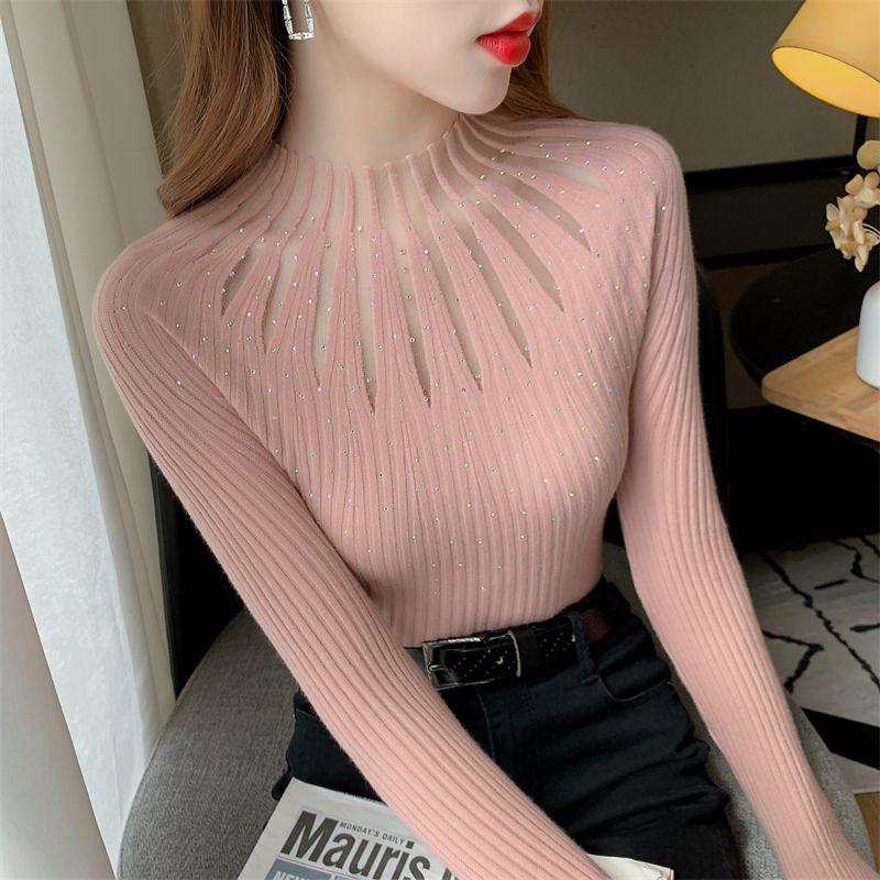 Unterziehpullover Damen Spitze Strass Slim Fit Vielseitiger Pullover Sweater Top Pulli Herbst und Winter Outfit