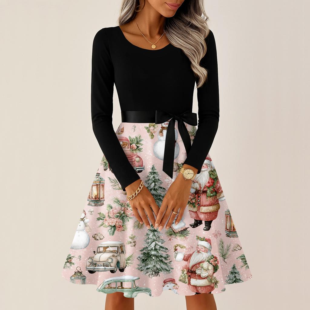 Dámské ležérní módní šaty s kulatým výstřihem a dlouhým rukávem, s vánočním potiskem, na párty, vintage dlouhé šaty