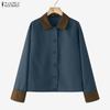 ZANZEA Women Splice Turn Down Collar Loose Long Sleeve Blouse