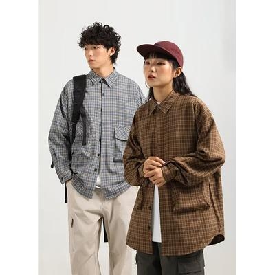 Nagawl2024 Outono e Inverno Novo Retrô Americano Estilo Hong Kong Japonês Solto Manga Longa Xadrez Camisa Jaqueta Casual Masculina