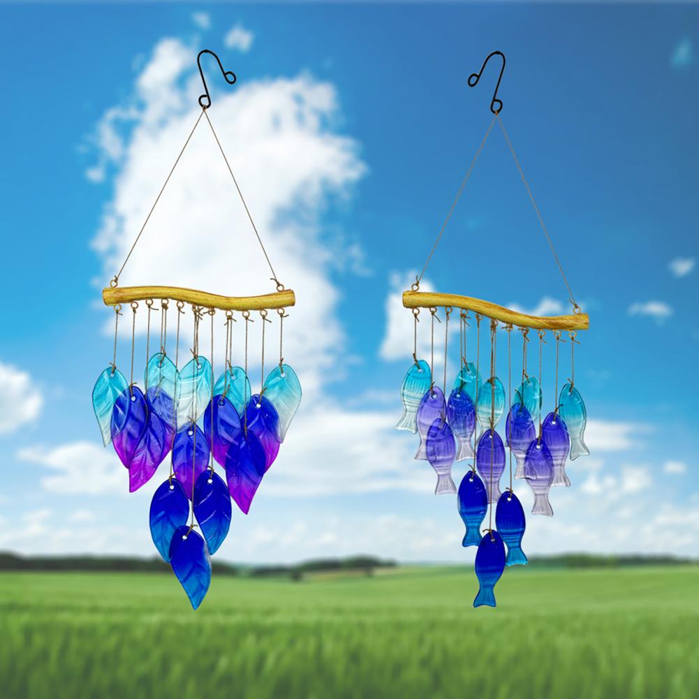Glass Wind Chime Blue Glass Fish Wind Chime for Outdoor Garden Patio Decor Weather-proof Stained Glass Leaf Hanging Ornament