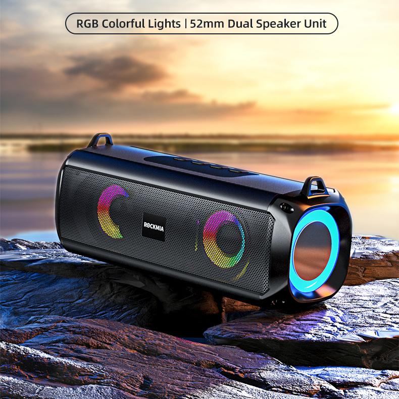 Rockmia 10w RGB LED Lights Speaker EBS-045  Bluetooth 5.0 Portable Wireless Music Player Micrphone TF Card Shoulder Strips