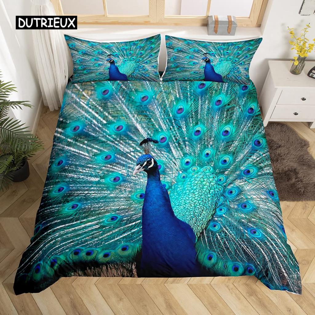 Set Husă Plapumă Păun Elegant Superb Albastru Pene Husă Plapumă Fete Femei Roz Flori Păsări Animal Poliester Husă Plapumă
