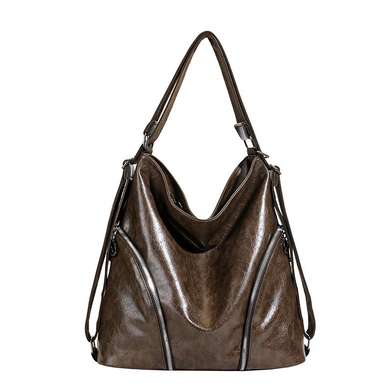 

New messenger bag large capacity retro soft leather zipper tote bag women s fashion shoulder bag backpack коричневый