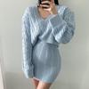 Fashion V-neck Twist Long Sleeved Knitted Sweater Dress Autumn Korean Style Gentle Women High Waist Hip Skirt Elegant Casual Loose Outfit Clothing