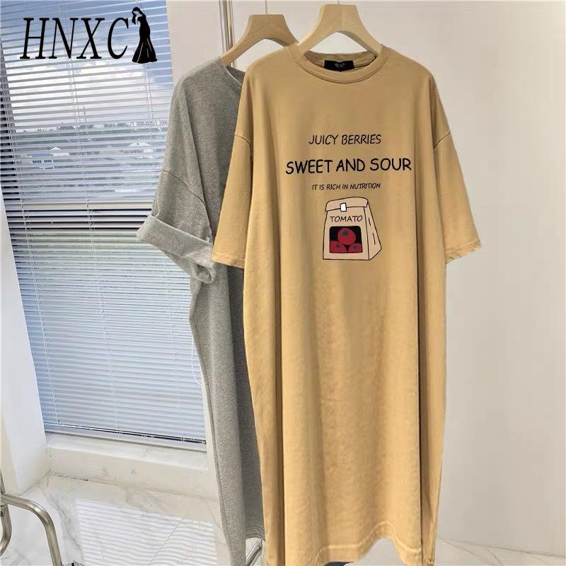 HNXC Summer Fashion Short-sleeved T-shirt Women's Mid-length Printed Slit Dress Loose Plus-size Women's Fashion Trend
